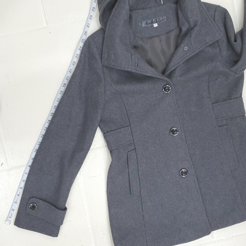 Kenneth Cole New York coat women's size 10 gray wool blend zip off hood pockets - Picture 5 of 13